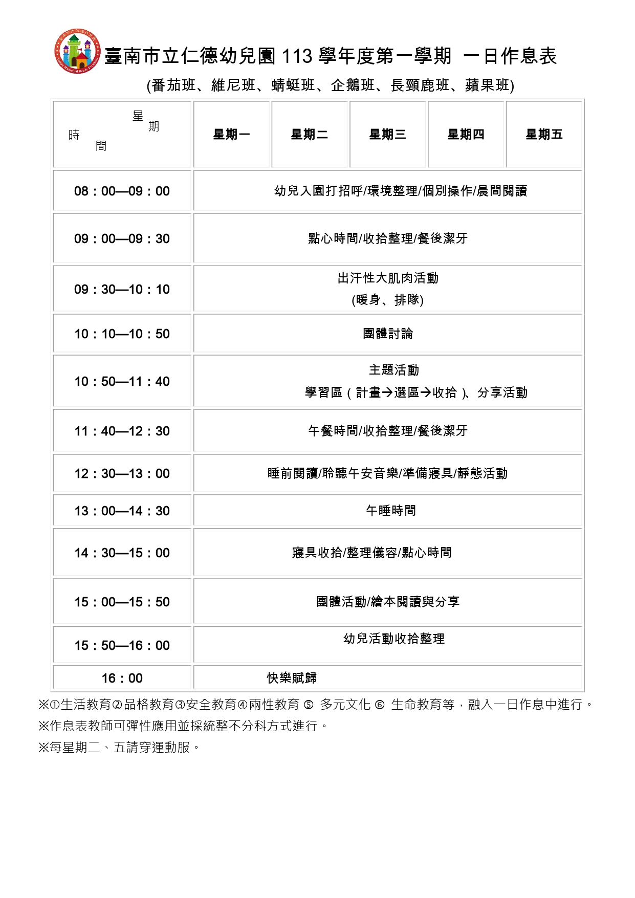 作息時間表